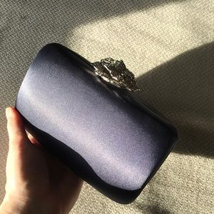 Satin navy blue clutch with crystal rose clasp